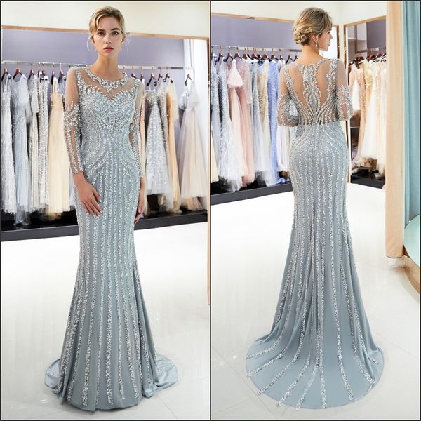 

luxury sparkly major beadings illusion long sleeves evening dresses sheer jewel neck crystals prom gowns cps1163, Black;red