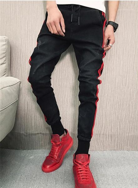 

jeans men skinny elastic waist disterressed denim pencil pants teenager mens hiphop street jeans mens designer, Blue