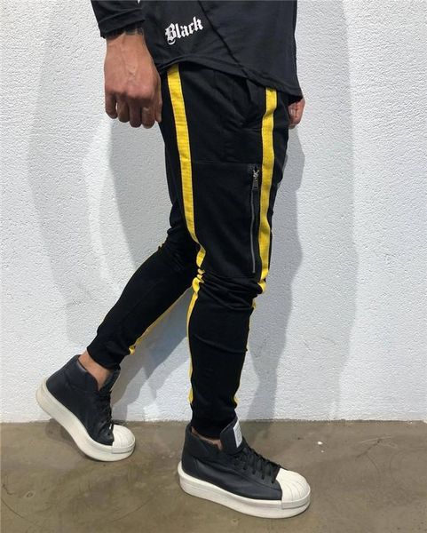 

casual apparel mens sports designer pencil pants zipper pocket casual styel homme clothing jogging striped print fashion, Black