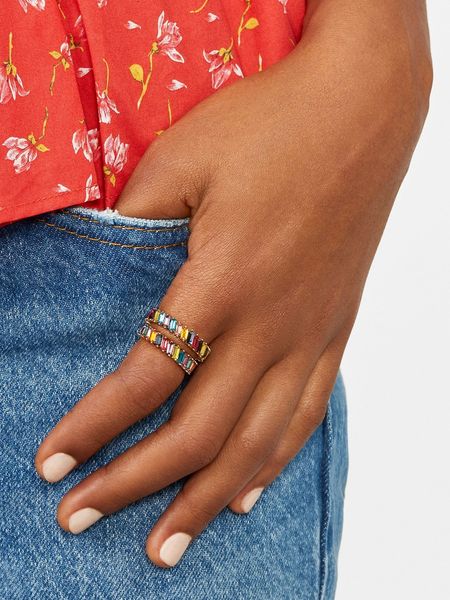 

new boho rainbow tilt crystal engagement rings for women girls fashion square baguette cz eternity finger ring wedding jewelry, Slivery;golden