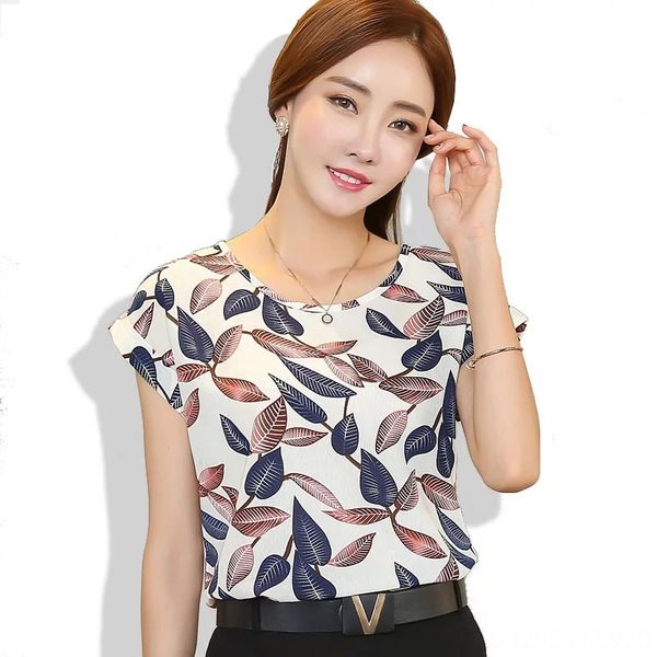 

2020 new women's simple round collar short t- sleeve chiffon all-match t-shirt small shirt, White