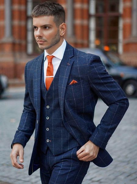 

blue plaid groom tuxedos notch lapel groomsman wedding tuxedos excelent men prom jacket blazer 3 piece suit(jacket+pants+tie+vest) 200, Black;gray