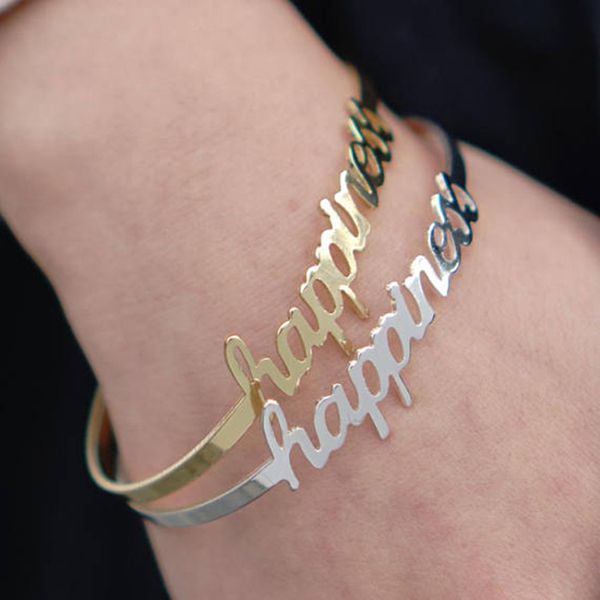 

gold color custom name cuff bracelet women men jewelry stainless steel personalized open bangle bijoux femme valentine day gift, Black