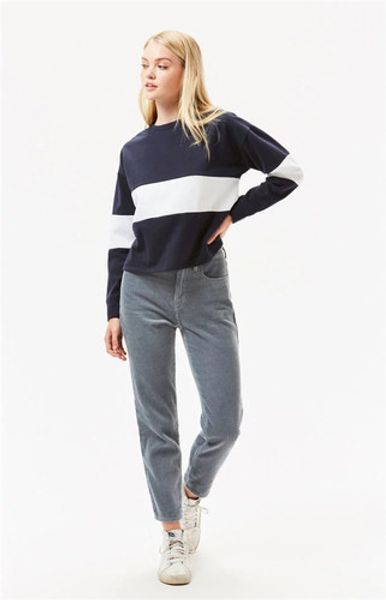 

women's new european and american fashion black and white contrast color stitching long-sleeved round neck sweater autumn loose leisure