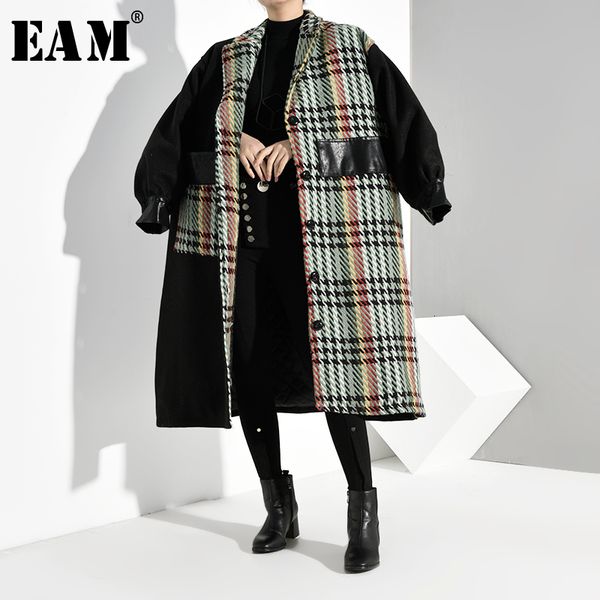 

eam] loose fit black plaid split big size woolen coat parkas new long sleeve women fashion tide autumn winter 2019 19a-a863