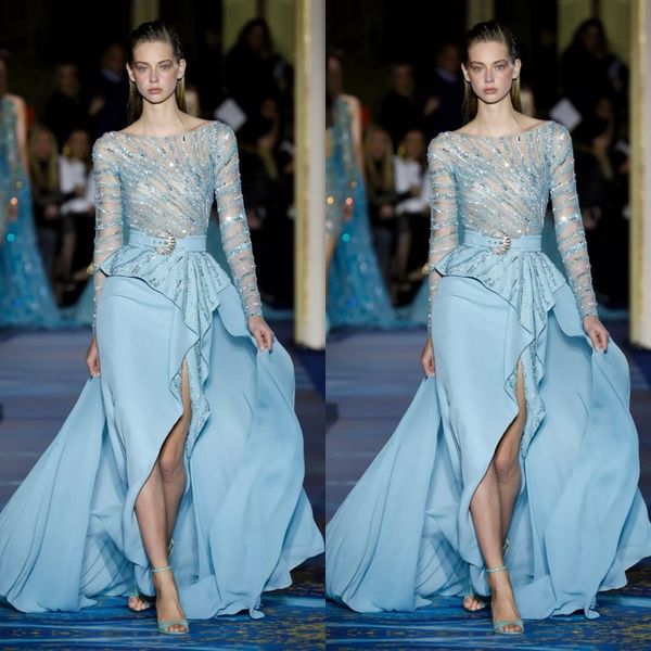 

beautiful ice blue prom dresses evening wear arabic mermaid sheer jewel sequines beads tulle formal party gowns 2020, Black;red