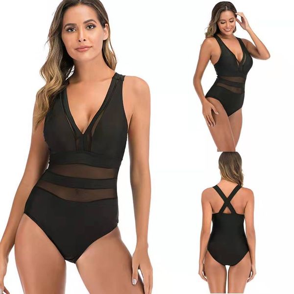 

2020 new women's swimwear European and American black stitching mesh straps ladies one-piece swimsuit Size S-2XL