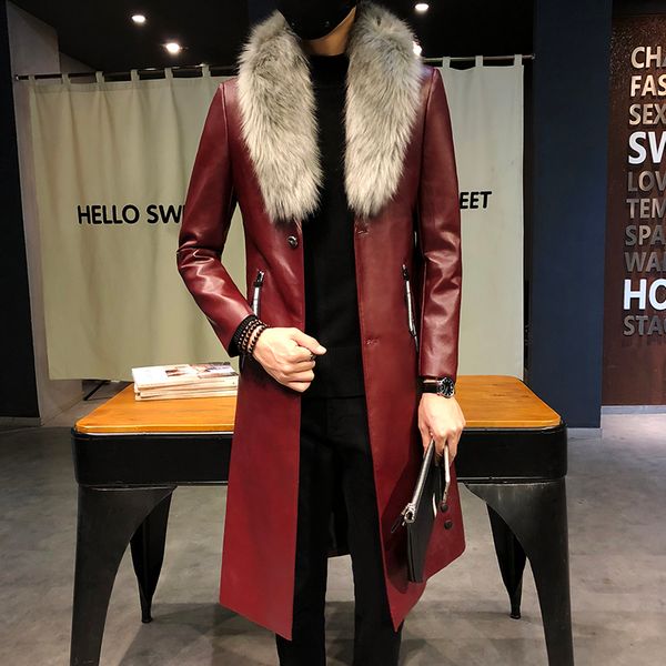 

men's faux leather trench coat men's coat luxury veste homme gold long slim chaqueta cuero hombre plus size, Black
