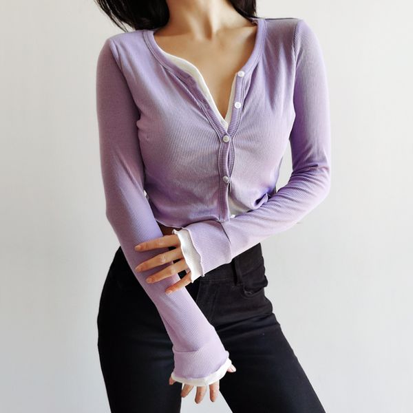 

women's knits & tees women double layer button up crop cardigan, White