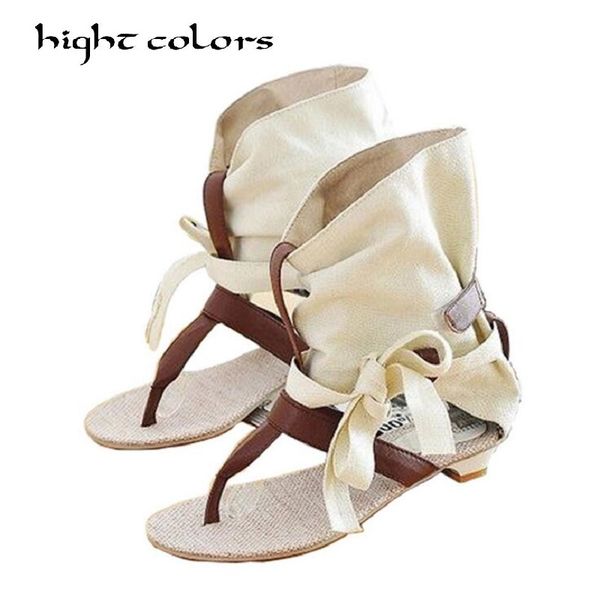 

2019 summer shoes womens gladiator lacing grid cloth flat sandals ladies canvas fashion roman school boots plus size 43, Black