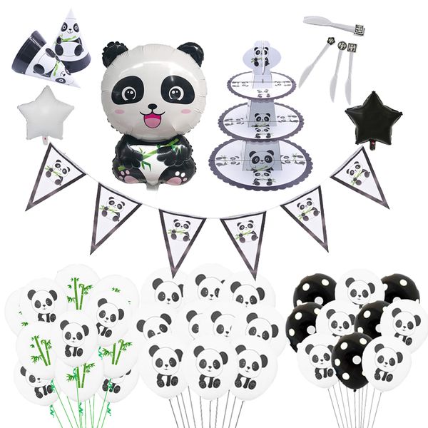 

diy cartoon panda party decorations kids birthday balloon disposable tableware set plate napkins cup baby shower party supplies