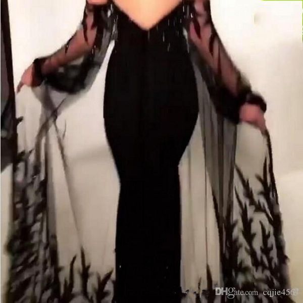 

2019 new black sheath prom dresses with lace appliqued cape sheer tulle neckline keyhole cutout evening gowns vestidos de fiesta aw363