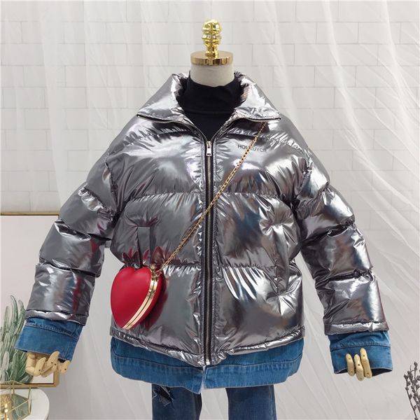 

denim stitching cotton jacket coat female fake two pieces of winter clothing bright loose student thick padded cotton clothing, Black