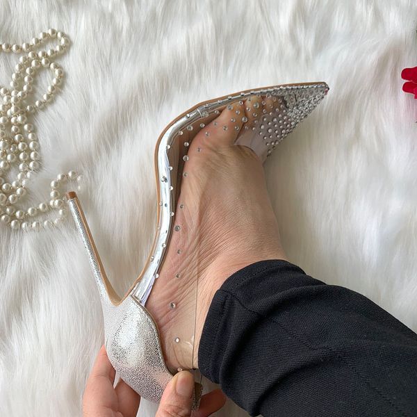 

2020 lady women bridal wedding silver pvc leather crystal heel shoes pump poined toes stiletto heel shoes strap sandals
