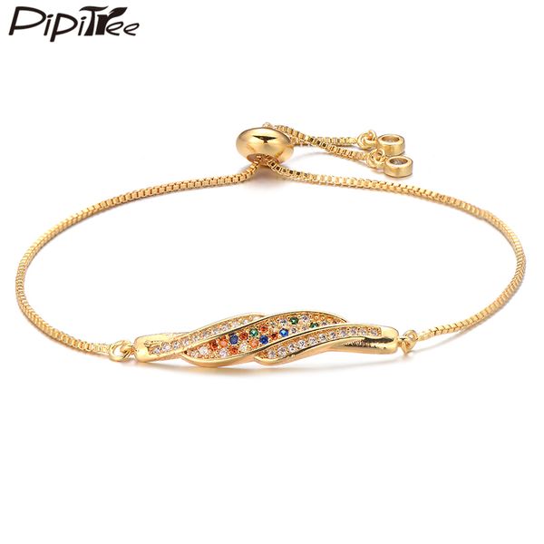 

pipitree trendy multi cubic zirconia geometric charm bracelet fashion slider chain gold color bracelets for women party jewelry, Golden;silver