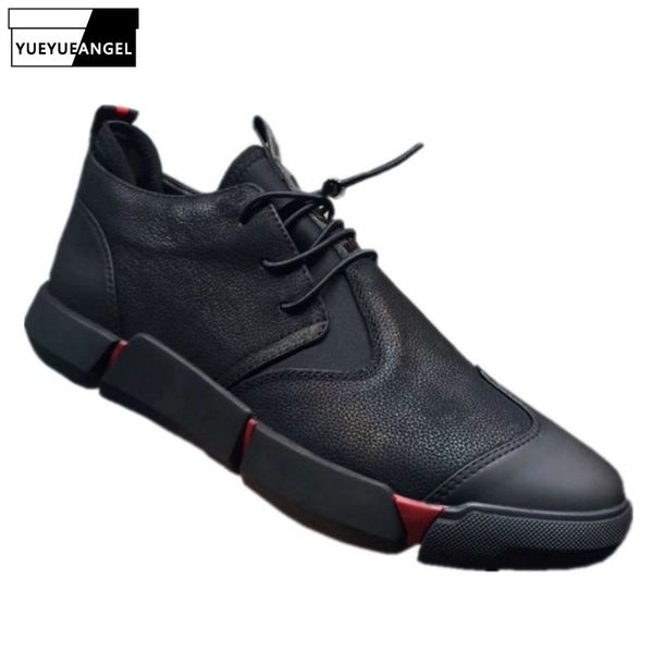 

euro autumn mens genuine leather patchwork sneaker shoes fashion round toe elastic band thick bottom male casual leather shoes, Black