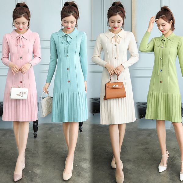 

2019 bowknot women knit dress turn down pleated hem midi knit dress korean sweet elegant slimming autumn winter women, Black;gray