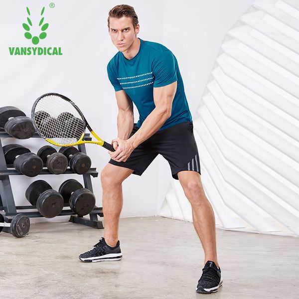 

vansydical summer fitness sports suit mens printed gym short sleeve running shorts set quick dry workout jogging sportswear 2pcs, Black;blue