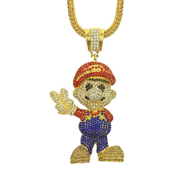 

mario crystal rhinestone pendant designer necklace chains cartoon game necklace hip hop jewelry bling gold plated iced out pendant, Silver