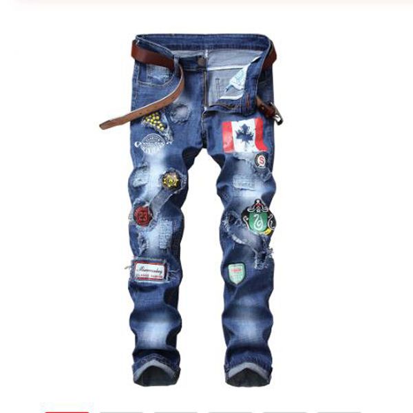 

new fashion male jeans slim men's patches design patchwork blue stretch denim jeans straight badge holes ripped distressed pants