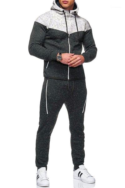 

males clothing panelled mens designer tracksuits fashion zipper pockets panelled hooded long pants mens 2pcs sets casual, Gray