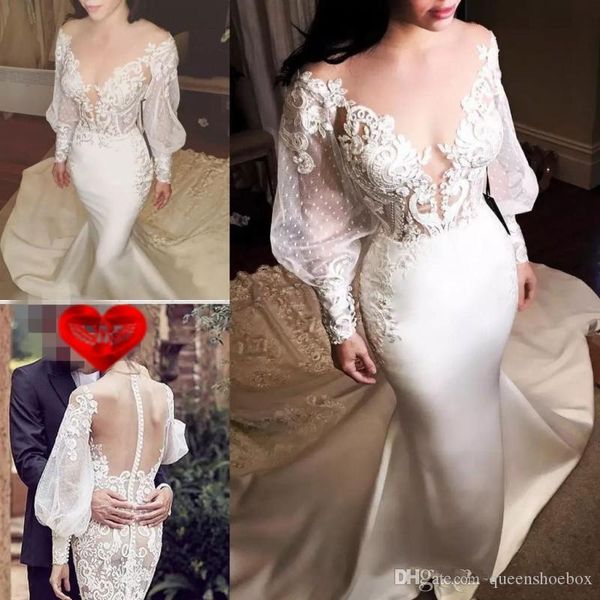 

gorgeous mermaid wedding dresses sheer neck 3d lace appliques puffy long sleeves wedding dress count train bridal gowns wedding dress, White