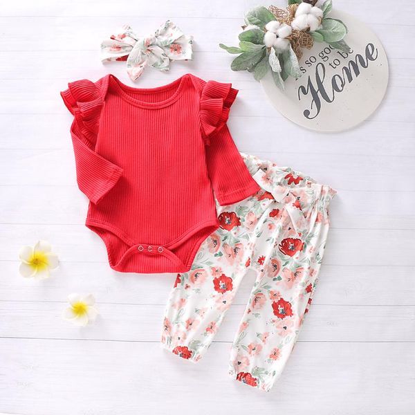 

infant girls children kids baby clothes set ruffles solid romper bodysuit+floral pants+headband outfits boutique clothing set, White