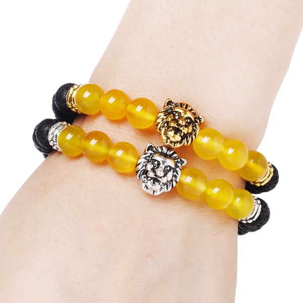 

yellow onyx lava rock lion head bracelet men's charm mature aura cure bracelet gift, Black