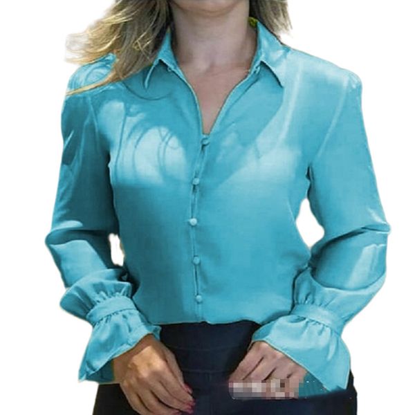 

2020 plus размер женщины весна повседневный элегантные кнопки твердая рубашка с длинным рукавом flare офис леди harajuku корейский блуза top, White