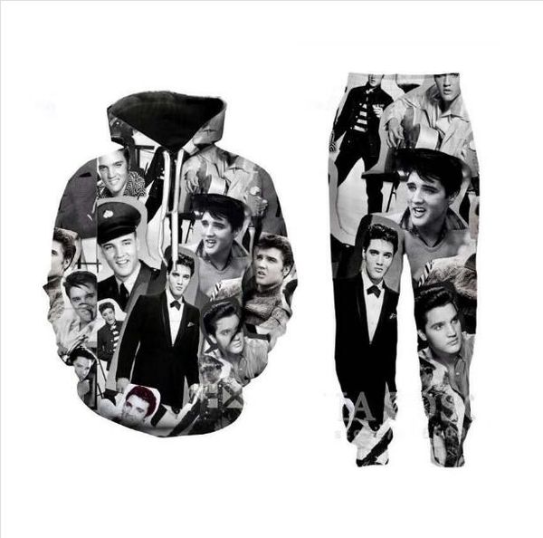 

wholesale--new fashion men/womens elvis presley sweatshirt joggers funny 3d print hoodie+pants zz03, Gray