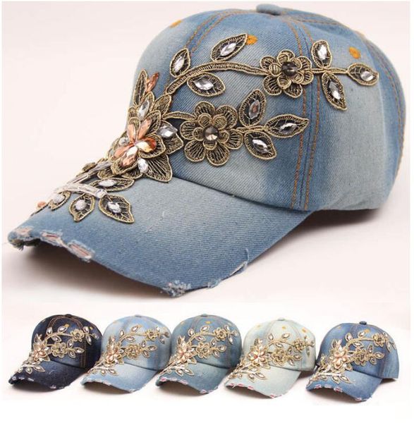 

new fashion adjustable baseball cap fashion leisure rhinestones flowers hats jean snapback baseball hat cap for women sunhats, Blue;gray