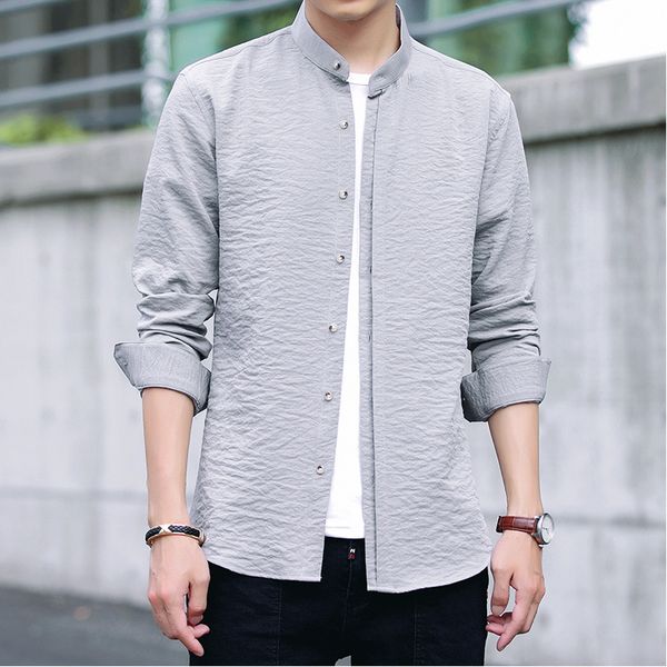 

men's casual shirt loose fashion button down shirt long sleeve formal dress shirts mandarin collar male clothing camisa ts-445, White;black