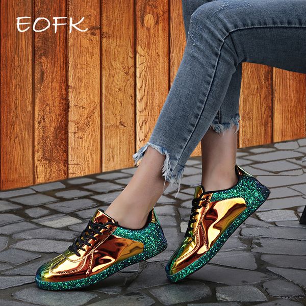 

eofk women sneakers gold glitter shinny bling fashion casual oxford shoes woman lady ballet flats glossy sneakers espadrilles y190704, Black