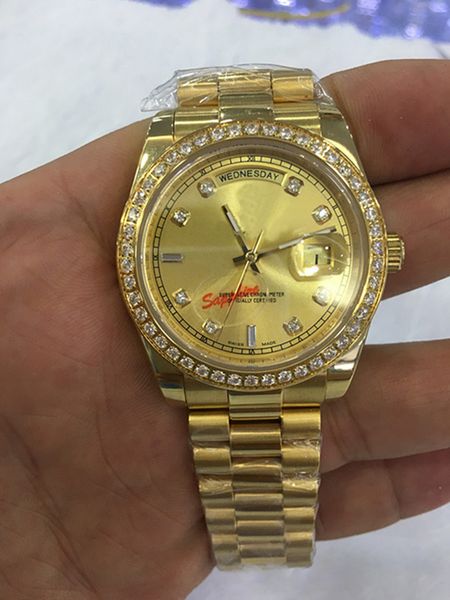 

selling luxury watches wristwatch 18k yellow gold diamond dial & bezel 18038 watch automatic mens men's watch watches with original box, Slivery;brown