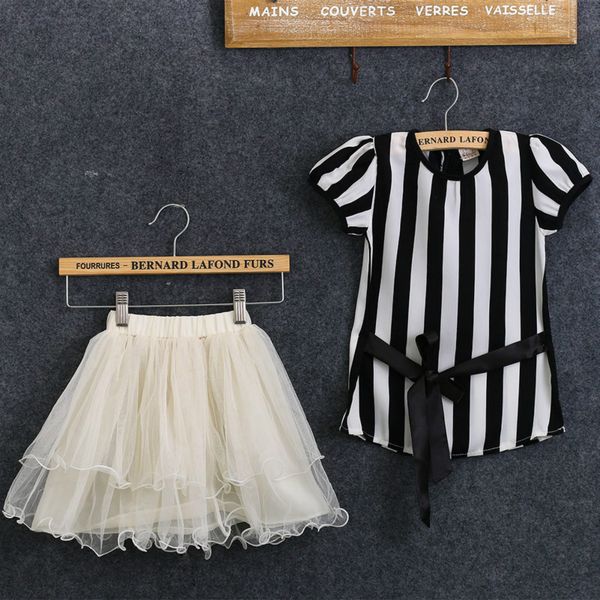 

summer 2017 kids baby girls clothing set fashion striped dot t-shirt lace princess tutu tulle skirt 2pcs suit, White