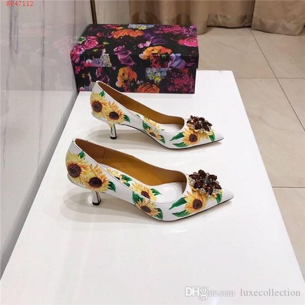 

womens early spring fashion gorgeous sunflower patterns printed leather high heels sandals crystal leather sandals,matching packing, Black