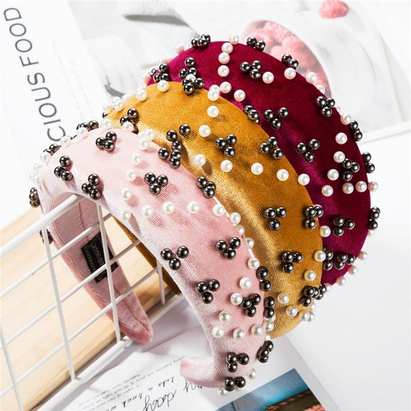 

european fashion creative personality solid color sponge hair with female imitation pearl headband girl banquet hair accessories