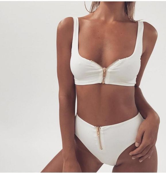 

cmb albaki girl bikini bathing swimsuit swimming swimwear water sports pure color two-piece swimming suit high waist zipper, White;black