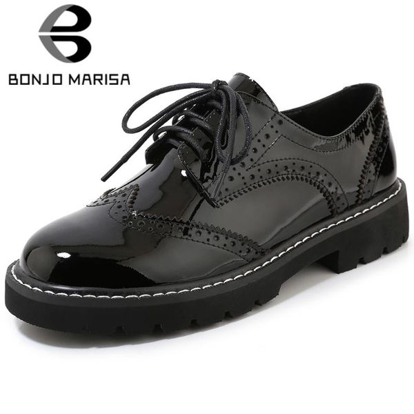 

bonjomarisa new ladies elegant lace-up brogue shoes fashion black patent pu pumps women school cool platform shoes woman