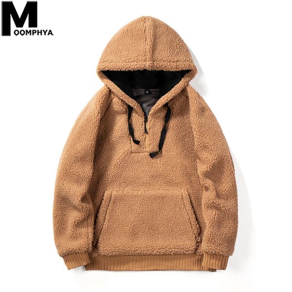 

men clothes 2019 winter berber fleece pullover men hoodies zipper henley neck coat streetwear hooded sweatshirt hoodie, Black