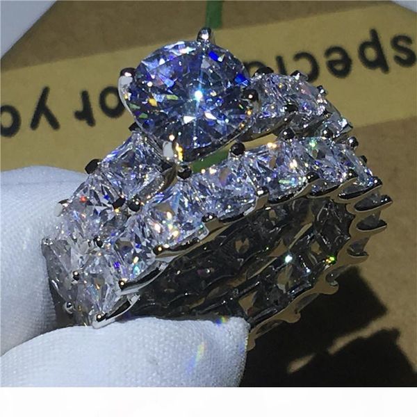 

vintage bridal sets jewelry 925 sterling silver ring princess cut 5a zircon cz stone engagement wedding band rings for women, Slivery;golden