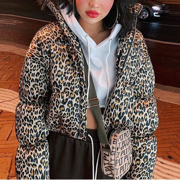 

women oversized cotton cropped bomber jacket fashion winter thick pullover leopard printed coat female warm loose zipper outwear, Black;brown