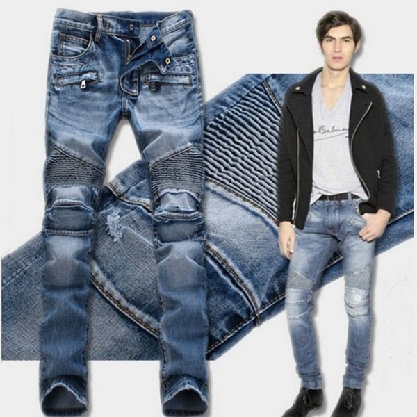

men's jeans ripped jean denim straight biker men washed skinny vintage slim fit brand trousers stretch sa089, Blue