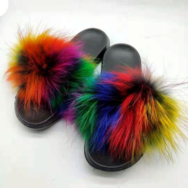 

mudibear multicolor fur slides woman summer furry slippers sandals trend fashion colorful fluffy ladies slippers slide, Black