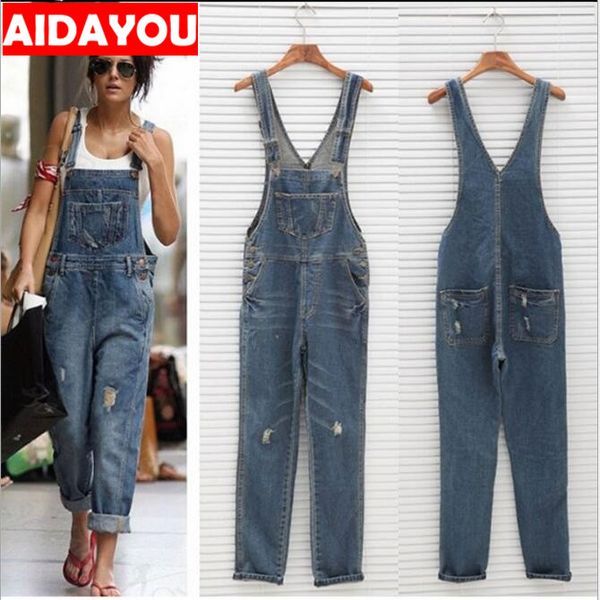 

womens rompers baggy denim jeans ladies' high waist hole jeans and overalls ouc423, Blue