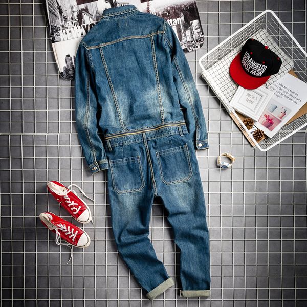 

spring fall mens vintage detachable denim cargo overalls hiphop long sleeve straight pants big size rompers male jumpsuit, Blue