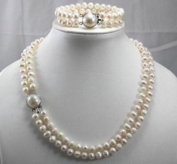 

2 rows 7-8mm, cultured freshwater pearl bracelet necklace set, Silver