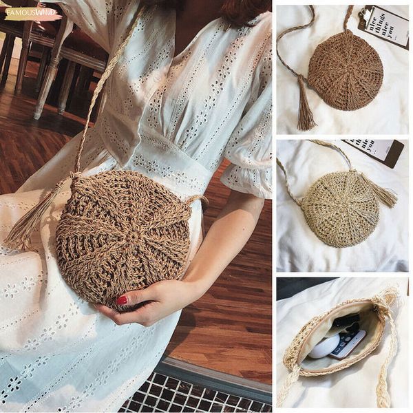 

2020 women new arrival cross body bag round circular shape zipper handmade rattan wicker straw woven tassel basket holiday