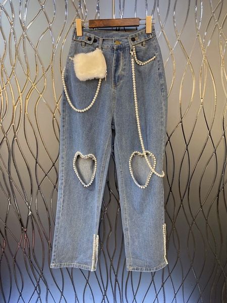 

2019 and winter autumn new women's nail bead chain splicing knee hole all over denim casual pants 1022, Blue