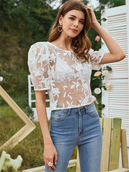 

women hollow out lace floral embroidered mesh blouse short sleeve round neck perspective pullover, White